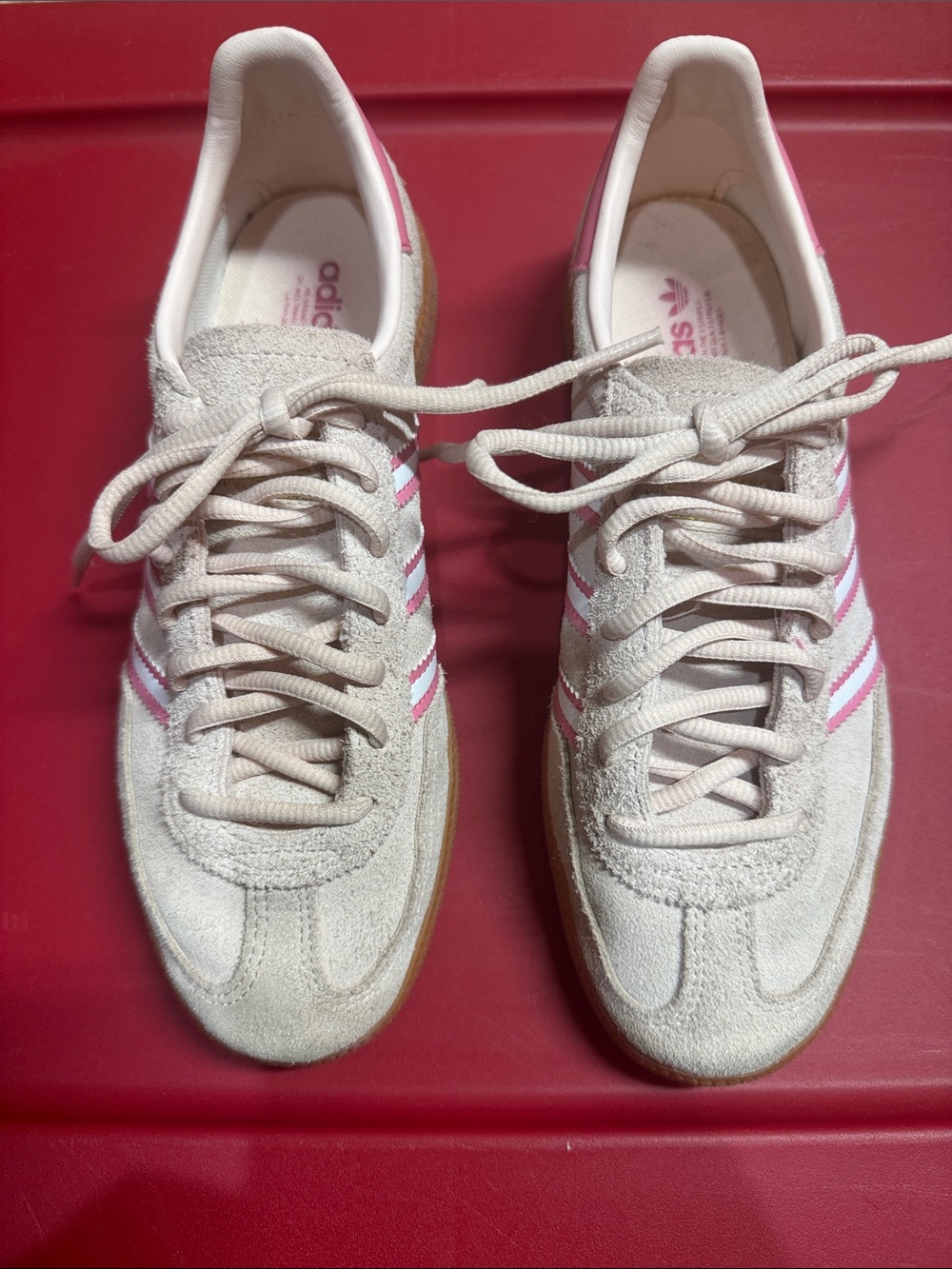 adidas Women's Cream Suede Sneakers with Pink Stripes